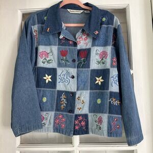 Vintage Boxy Embroidered Floral Denim Jacket Petite M Cottagecore Boho Folk
